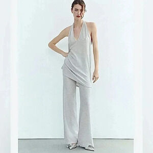 ZARA Wide Leg Knit Trousers Pull On Pants  Metallic Sheer Party Disco Rave